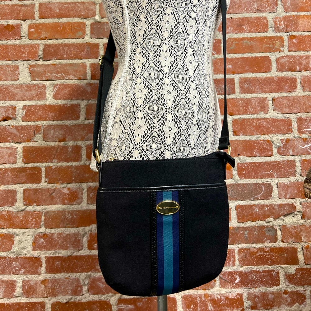 TOMMY HILFIGER crossbody bag small purse designer black and blue stripes